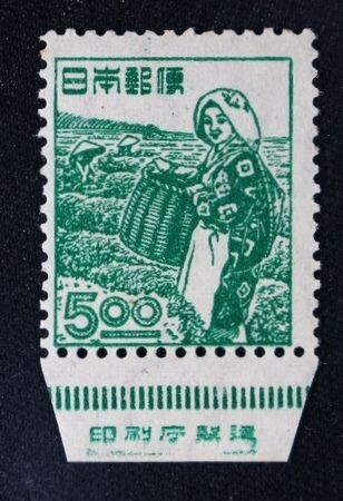 ☆コレクターの出品 産業図案切手『茶摘み』５円/印刷庁銘板付 ＮＨ美品 F-14