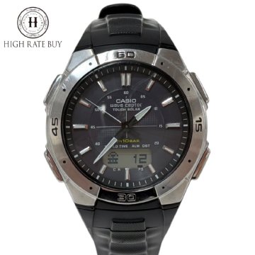 1円スタート 稼働品 CASIO カシオ wave ceptor ウェーブセプター WVA-470 電波ソーラー ラウンド デジアナ 黒文字盤 メンズ 腕時計