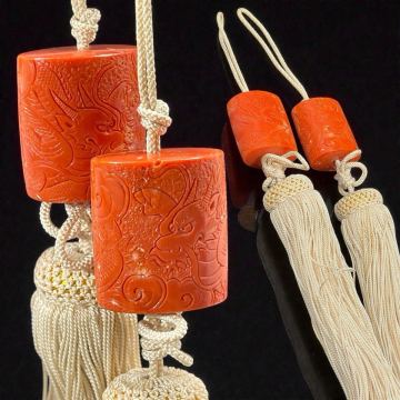 【古美術】赤珊瑚雲龍彫刻 風鎮一対 重量174g 掛軸風鎮 本珊瑚 桃珊瑚 