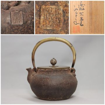 亀文堂 波多野正平造 小ぶり 鉄瓶 共箱 日本亀文 家拙日本琵琶湖出東 煎茶道具 湯沸 銀摘 四君子象嵌持手