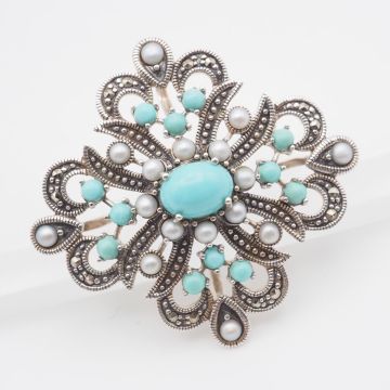 Y931 1円 碌山 ロクザン ag 925刻印 ターコイズ ベビーパール マーカサイト マルカジット シルバー 2way ブローチ ペンダント トップ