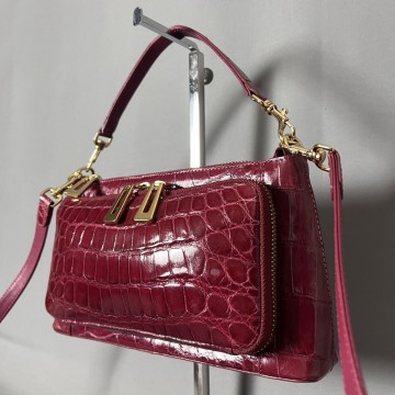 １円スタート クロコダイル crocodile ワニ革 鰐革 2way ハンドバッグ ショルダー シャイニー ワインレッド 赤 エキゾチックレザー K89.