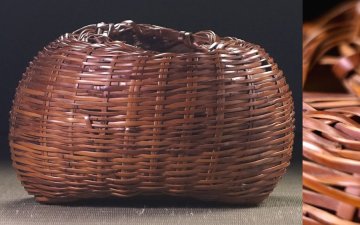 &nabla;花&nabla;【二代田辺竹雲斎(滴水居)】作 鳳尾竹漁父掛置花籃 煤竹花籠 共箱付 独特の風合い美麗な最高級鳳尾竹