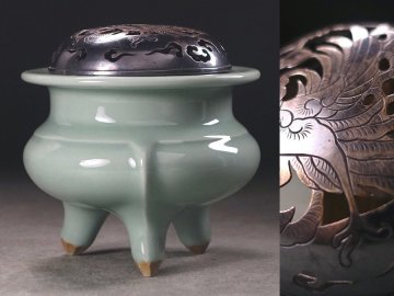 &nabla;花&nabla;【加藤渓山】作 青瓷袴腰香炉 共箱・鳳凰銀火舎付 渓山青磁の逸品