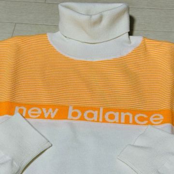 新品★ニューバランス ゴルフ ミジンボーダー&times;天竺編 dyna hot 蓄熱保温 タートルネック ニット セーター/ホワイト/サイズ5(L)