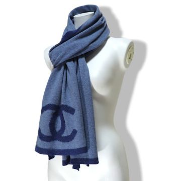 良品 正規品 CHANEL シャネル ココマーク CC ロゴ カシミヤ コットン ニット マフラー ブルー