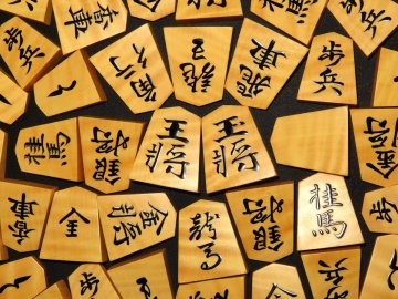 ▲淘水作宸筆錦旗島黄楊虎斑盛上将棋駒▲未使用品桐平箱付