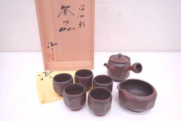 名工 小西洋平 泥心彩 常滑焼 窯変泥 練込 茶器揃 共布 共箱 常滑焼 急須 陶印 茶注 煎茶道具 煎茶器 P12010