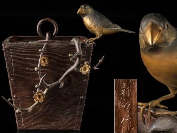 【流】金工師 寿昭作 銅製鶴瓶鳥置物 高21cm HD200