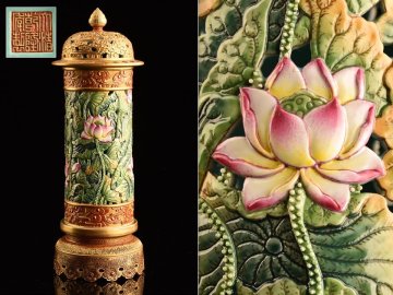 【流】中国美術 色絵金彩 蓮透彫 蓋物 香炉 箱付 UD399