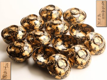 【流】鈴木表朔 最高級漆器 本金総蒔絵 鶯宿梅蒔絵吸物椀十客 共箱 未使用品 HD401