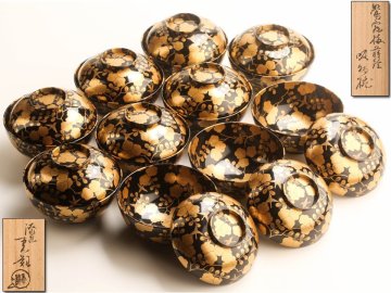【流】鈴木表朔 最高級漆器 本金総蒔絵 鶯宿梅蒔絵吸物椀十客 共箱 未使用品 HD400
