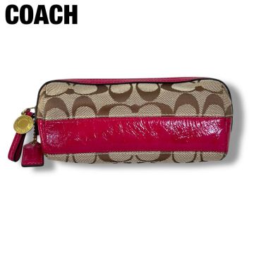 極美品 COACH コーチ ポーチ 小物入れ ペンケース キャンバス バッグ エナメル ベージュ ピンク シグネチャー チャーム 
