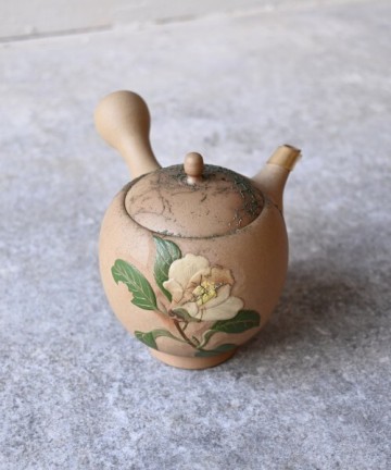 中野光影 作 谷川白道 刻 常滑焼 白泥 京型 藻掛 彩色 白椿図 茶注 急須煎茶道具 茶器