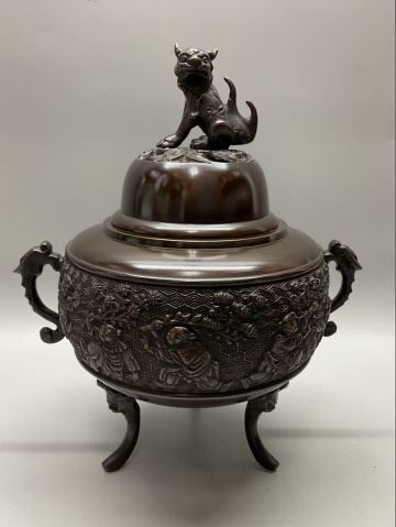 K3 鋳銅香炉 獅子蓋 座名 善祐鋳造之印 重量1678g 金属工芸 銅器 古道具 古美術 お香 骨董