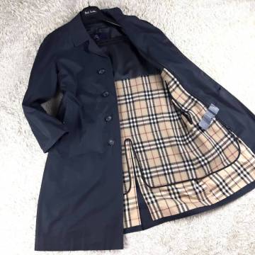 最高級カシミヤ2way!BURBERRY LONDONピュアカシミヤ入りライナー付ナポレオンコートM~Sマリンコート濃紺ノバチェック柄 バーバリーロンドン