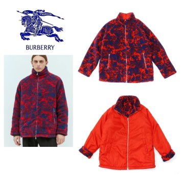 ●42万新品◆52=XL◆BURBERRYバーバリー ローズフローラル柄 アクリル・ウール混起毛リバーシブルフリースジャケット 赤&times;青 1円