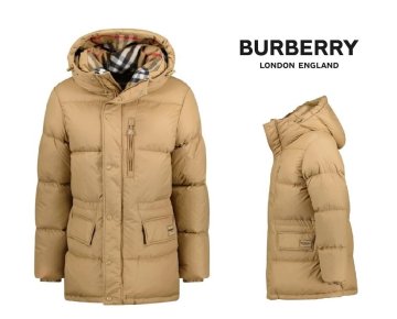 ●38万新品◆L◆バーバリーBURBERRY◆ミリタリーフード付きチェックダウンジャケットコート『HAWORTH』キャメル茶 1円