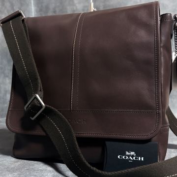 1円 [未使用級] COACH コーチ ショルダーバッグ メッセンジャーバッグ レザー 本革 クロスボディ 斜め掛け ブラウン系 ビジネス メンズ