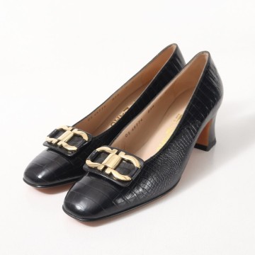 MI3814▼デッドストック*イタリア製*サルヴァトーレフェラガモ*ガンチーニ クロコ型押しレザー パンプス 7C(24.0cm相当) 靴 ブラック