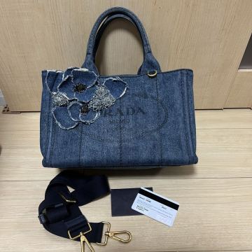 PRADA プラダ カナパ デニム フラワー装飾 2way 三角ロゴ ショルダーバッグ ハンドバッグ