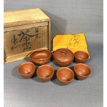 【風車】 常滑名工 杉江木仙 作 朱泥 茶器揃い 急須 湯冷 煎茶碗 5客▲共箱 共布▲常滑焼 茶器 煎茶道具