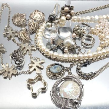 ジュエリーマキ/黒蝶真珠入り!!■本真珠アクセサリーおまとめ■ d 約222.7g ネックレス リング シェル バロック パール silver 925 C196②