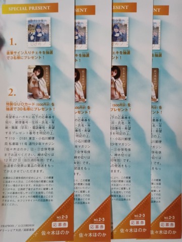 佐々木ほのか チェキ・クオカード応募券4枚　週刊少年マガジン合併号