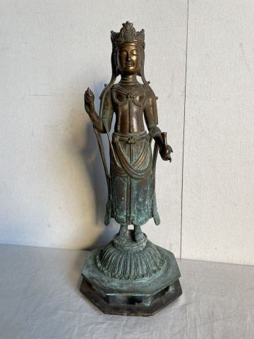 仏教美術 古銅 観音菩薩 銅器 置物 時代品 高さ約40㎝ 3.4kg 仏像 銅製 立像 古美術品 骨董 唐物 佛像 観音像 時代物
