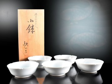 【雲】某収集家買取品 快山窯 青白磁 双魚図 小鉢 5客 古美術品(向付 塚本快示 懐石料理道具)Y7739 LTplk JBplk