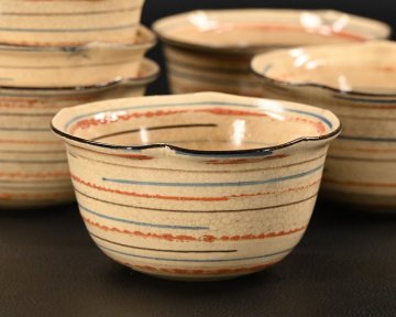 【永】c346【兵庫県の図書館や博物館の館長を歴任された歴史研究家遺族委託品】江戸時代　麦藁手輪千文古鉢　江戸後期　６客