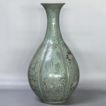 【安】李朝時代 高麗瓷 青磁釉裡紅瓜稜玉壺春瓶 古陶瓷 古美味 朝鮮古美術 古董品 289