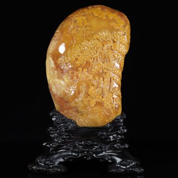 【安】清時代 寿山田黄石彫 山水人物紋置物 台座付き 共箱 極細工 古擺件 中国古美術 古美味 時代物 185