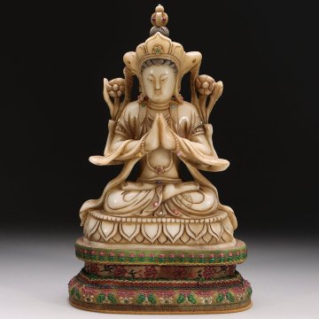 【安】清時代 玉セン銘 寿山芙蓉石彫 緑度母仏像 共箱 極細工 古置物 古擺件 中国古美術 時代物 242