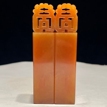 【安】清時代 寿山田黄石彫 双龍鈕素章一対 印材 共箱 極細工 古置物 古擺件 中国古美術 時代物 279