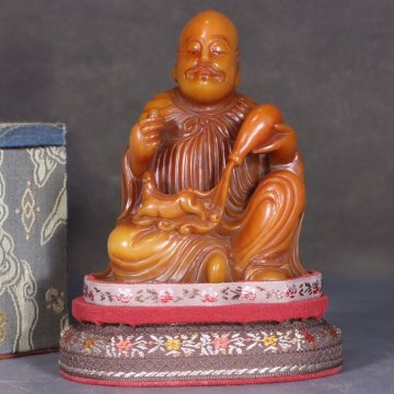 【安】清時代 寿山田黄石彫 戯獅羅漢置物 共箱 極細工 古擺件 中国古美術 古美味 時代物 302