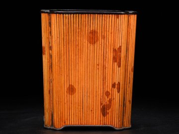 【安】清時代 珍木紫檀 嵌め湘妃竹 四方筆筒 細密毛彫 書道具 文房具 中国古美術 時代物 古董品 225