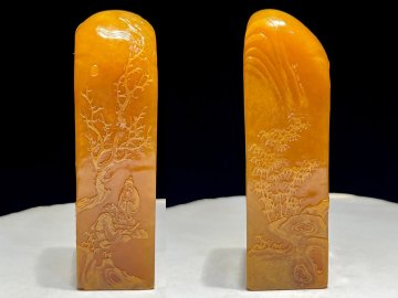 【安】清時代 寿山田黄石彫 松下対局図素章 印材 共箱 極細工 古置物 古擺件 中国古美術 時代物 278