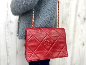 美品 CHANEL シャネル ヴィンテージ マトラッセ ココマーク プッシュロック ショルダーバッグ チェーンショルダー バッグ レザー 赤 92845Y