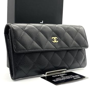 極美品◆CHANEL シャネル 長財布 キャビアスキン マトラッセ ブラック 21番台 ロングウォレット ゴールドロゴ