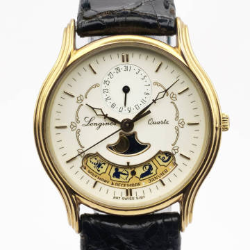 1円スタート 希少！レア！ LONGINES ロンジン ジラールペルゴ原作 プラネタリウム デイト ムーンフェイズ クォーツ メンズ 時計 白文字盤