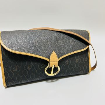 1円 ChristianDior クリスチャンディオール ハニカム柄 PVC&times;レザー ショルダーバッグ クラッチバッグ ブラウン系 正規品本物