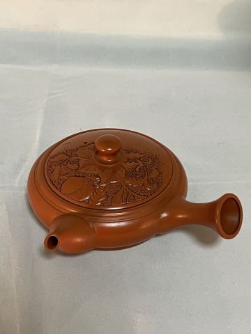 常滑焼 二代 間野舜園 朱泥 横手急須 急須 茶器 茶道具 煎茶道具 茶注 在銘 花彫刻 古美術 1円スタ