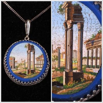 希少マイクロモザイク「フォロ・ロマーノ図」ペンダントトップ!19世紀イタリア超精緻細工美!綺麗なグラデーション＆ミリ単位の芸術本物保証