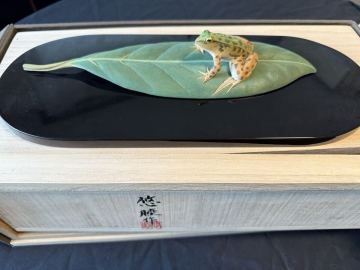 ★ 超絶技巧！ 一木彫の巨匠 大仏師【向吉悠睦】秀逸作 木彫彩色 初夏 木の葉にトノサマガエル 共箱 ★