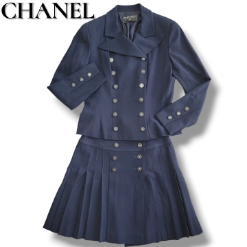 ヴィンテージ シャネル 94P ココボタン　ダブルブレスト プリーツスカート スーツ セットアップ ネイビーブルー vintage CHANEL ココマーク