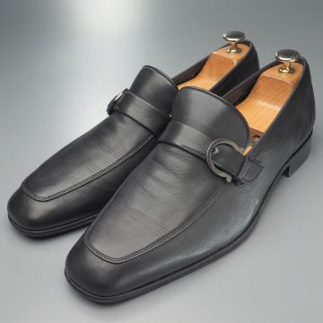 MI3837//イタリア製*サルヴァトーレフェラガモ*メンズ8.5EEE/ガンチーニ/ストラップローファー/レザースリッポン/革靴/黒/ブラック