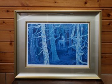 【青宝】112836東山魁夷「白馬の森」版画　手刷り　リトグラフ　446/450　額装　共シール　森工房　求龍堂発行（4394898/194）