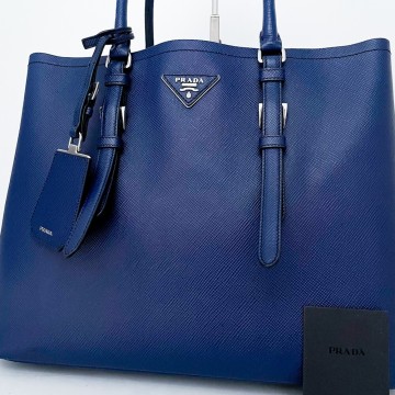 1円■未使用級■至極の逸品 型崩れ無し PRADA プラダ ドゥーブル 自立 トートバッグ ビジネス A4 メンズ レディース レザー ロイヤルブルー