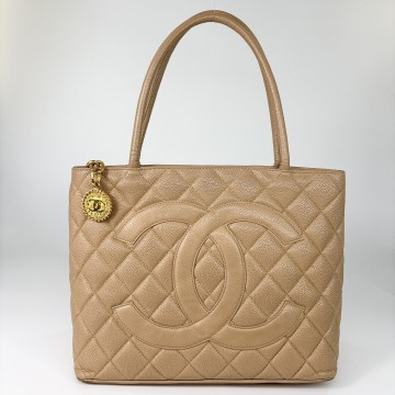 1円 極美品 CHANEL シャネル キャビアスキン 復刻トート デカココ トートバッグ ハンドバッグ マトラッセ ベージュ ゴールド金具 シール